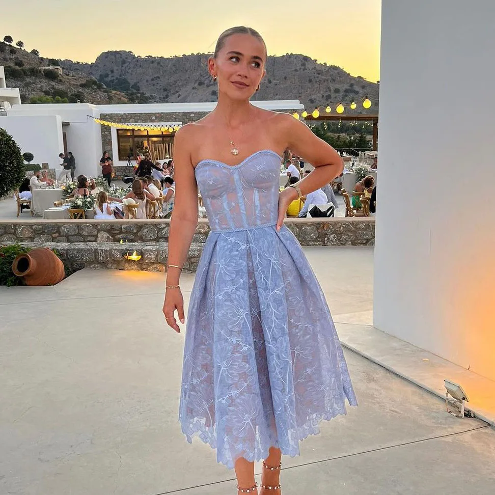 Hot Selling Strapless Floral Sheer Lace Midi Dress Puffy Princess Elegant Cocktail Sleeveless Corset Evening Dress for Women