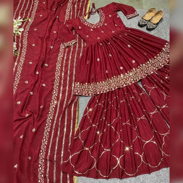 Designer Dress Chinon Silk  Material Sharara Beautiful Heavy Designer Boutique Dresses Collection Sharara Suit With Short Kameez