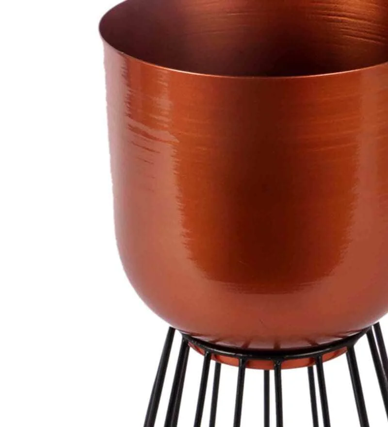 Copper Antique Tabletop Round Iron Planter Pot With Wrought Iron Back Powder Coated Stand High Quality Modern Decorative Vases