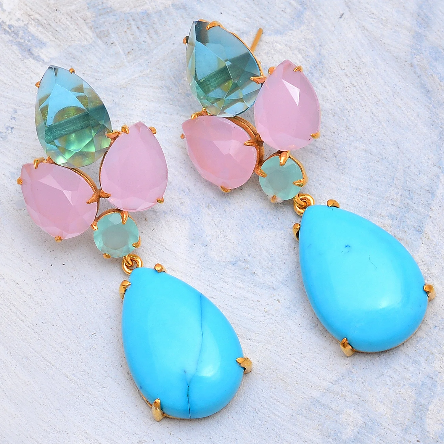 Fashionable Jewelry 925 Sterling Silver Natural Chalcedony And Rose Quartz Gemstone Gold Plated Women Wholesale Price Earrings