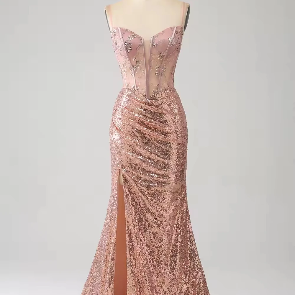 Rose Gold Mermaid Spaghetti Straps Beaded Prom Dresses Ruched Sequin Party Dresses Corset Evening Dresses With Side Slit