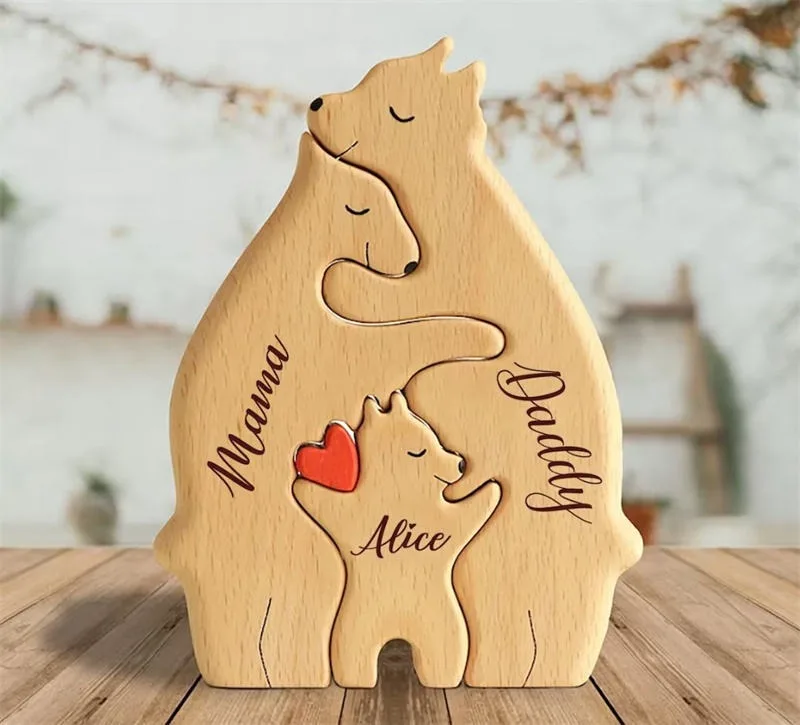 Customized Good Quality Natural Wooden Art Personalized Bear Family Puzzle Home Decor Gift