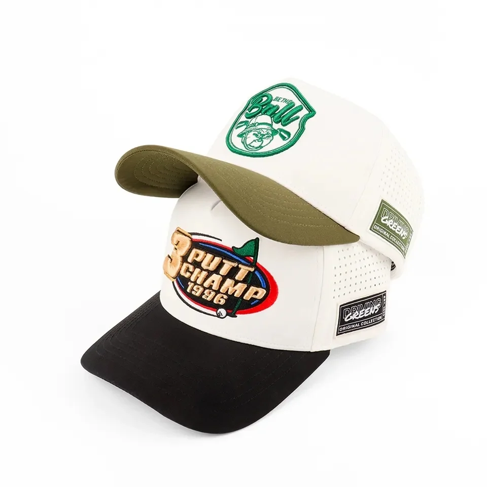 Waterproof Golf Hats Custom 5 Panel Laser Cut Hole Perforated Hat 2 Tone Sports Baseball Cap 3D Embroidery Custom Logo Golf Caps