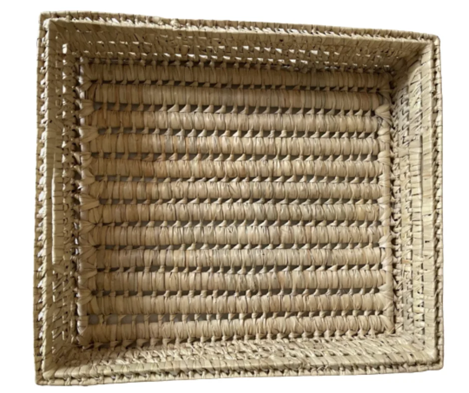 Large Flat Bamboo and Straw Tray with Genuine Leather and Cotton Lining Stylish Lady Hamper for Home or Office