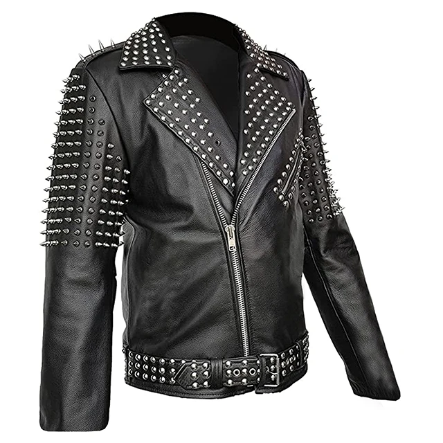 Wholesale new arrival winter season custom made spike studded rock star punk style leather jacket