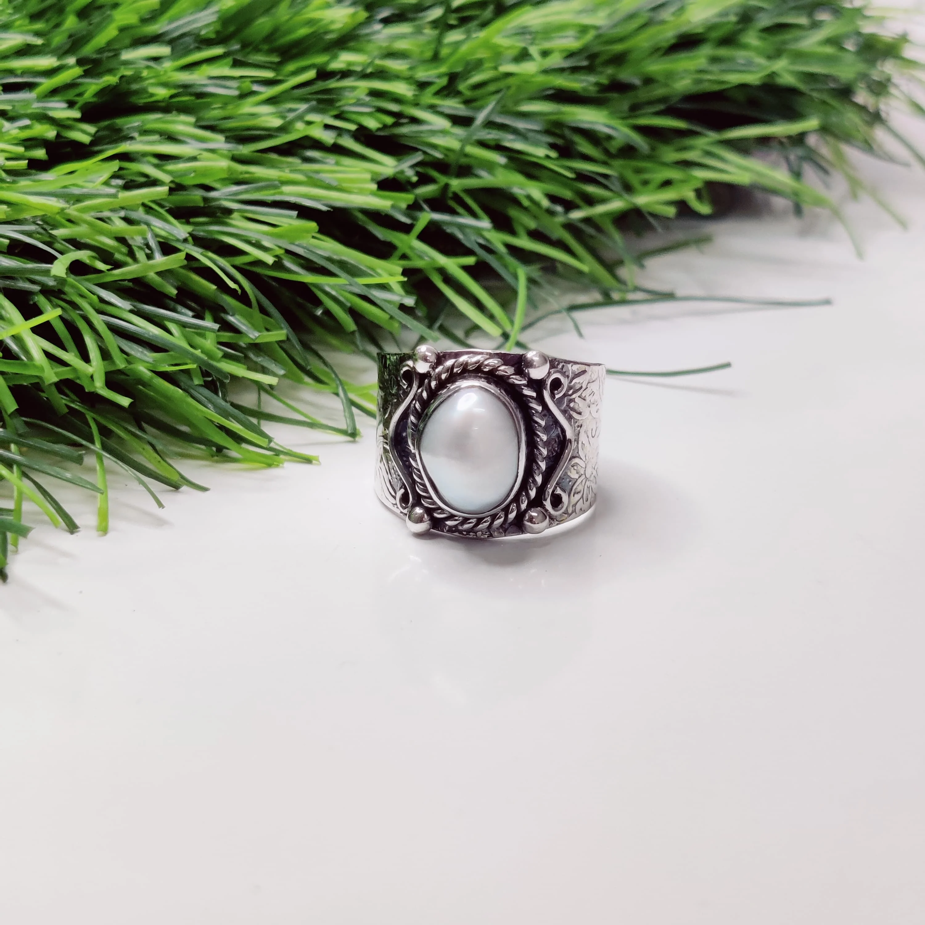 Fresh water Pearl Ring Handmade silver ring white gemstone silver ring