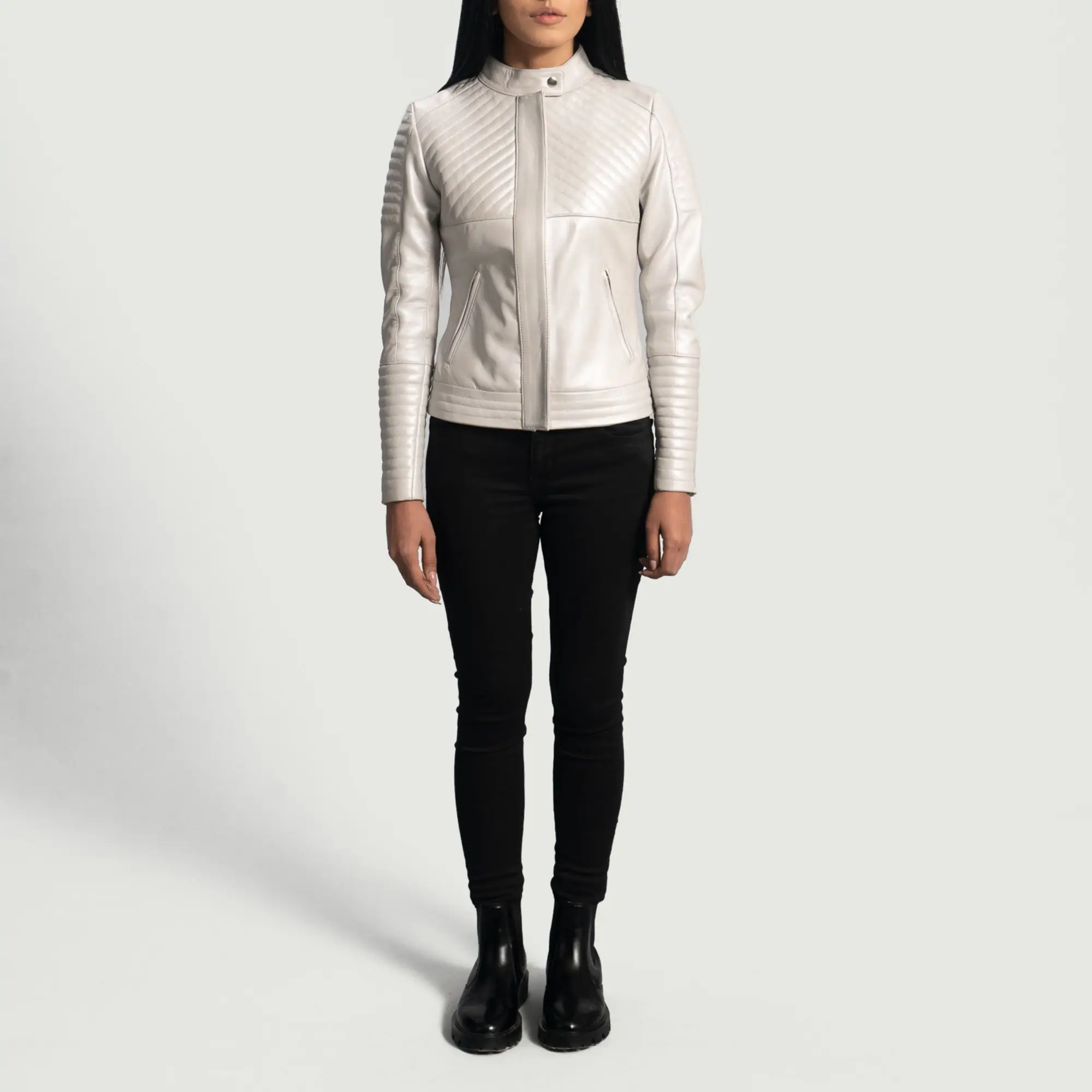 Real Leather Sheepskin Aniline Zipper Ice Maiden Silver Quilted Women Biker Jacket with Quilted Viscose Lining and Inside