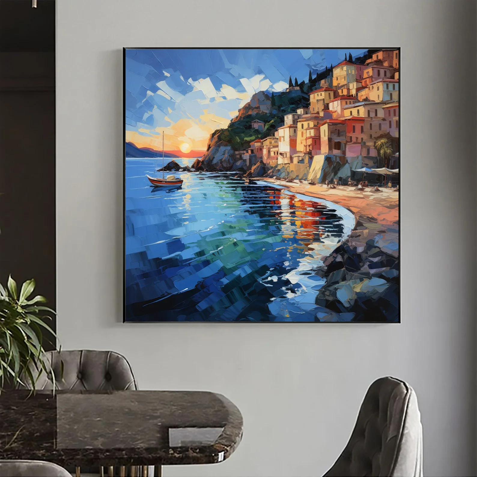 100% Real Hand Painted Abstract Mediterranean Oil Painting, Coastal City Landscape Art Custom Blue Ocean Decor Living Room Art