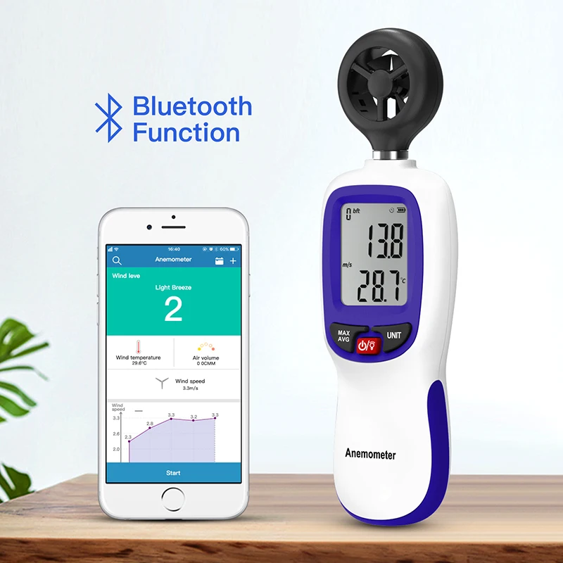 New Product LCD Backlight Display Wind Anemometer BT Air Flow Meter Wind Speed Temperature Meter Anemometer