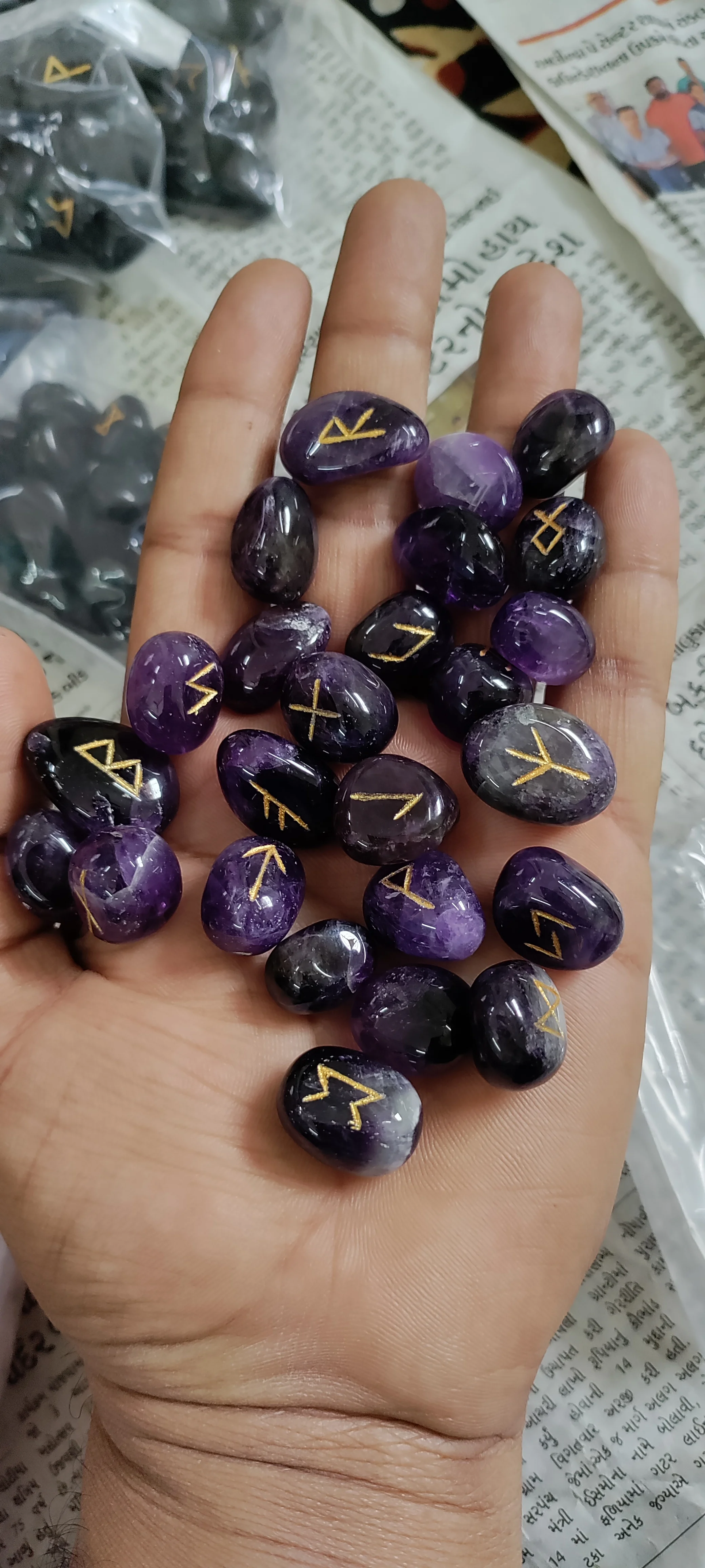 Natural Stone Crystal Amethyst Engraved Carved Reiki Rune Set 25 Piece Engraved Amethyst Tumble Agate Runes Gemstone Rune Set
