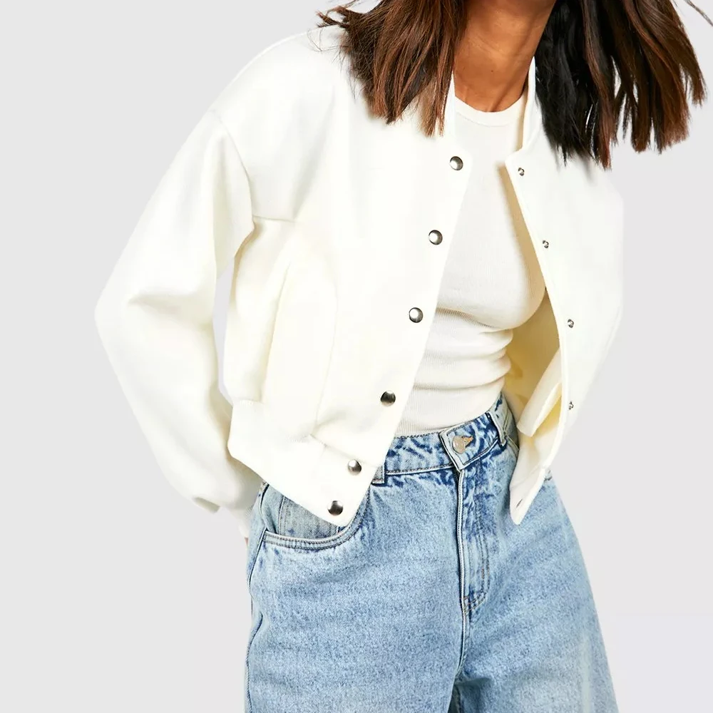 Custom Logo Coat for Women Cropped Bomber Varsity Jacket / OEM Manufacturer Wool Look StreetWear Bomber Jacket For Women