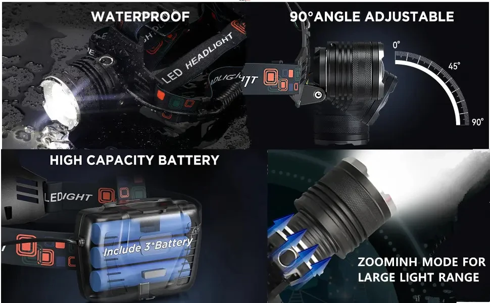 P50 P70 P90 Outdoor Camping LED Waterproof Zoomable USB Rechargeable 18650 Battery Head Lamp