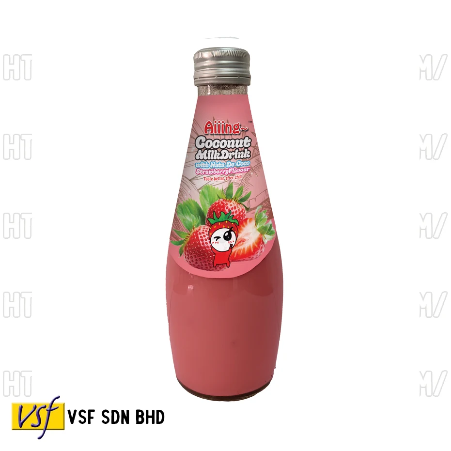 Aiiing Coconut Milk with Nata De Coco - Strawberry Flavour Coconut Milk Coconut Juice Nata De Coco 290ml Glass Bottle