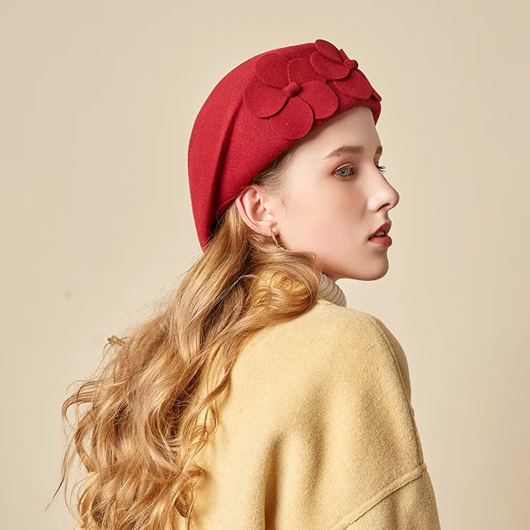 British woolen felt hat dome top hat fashionable temperament flower stewardess beret for women