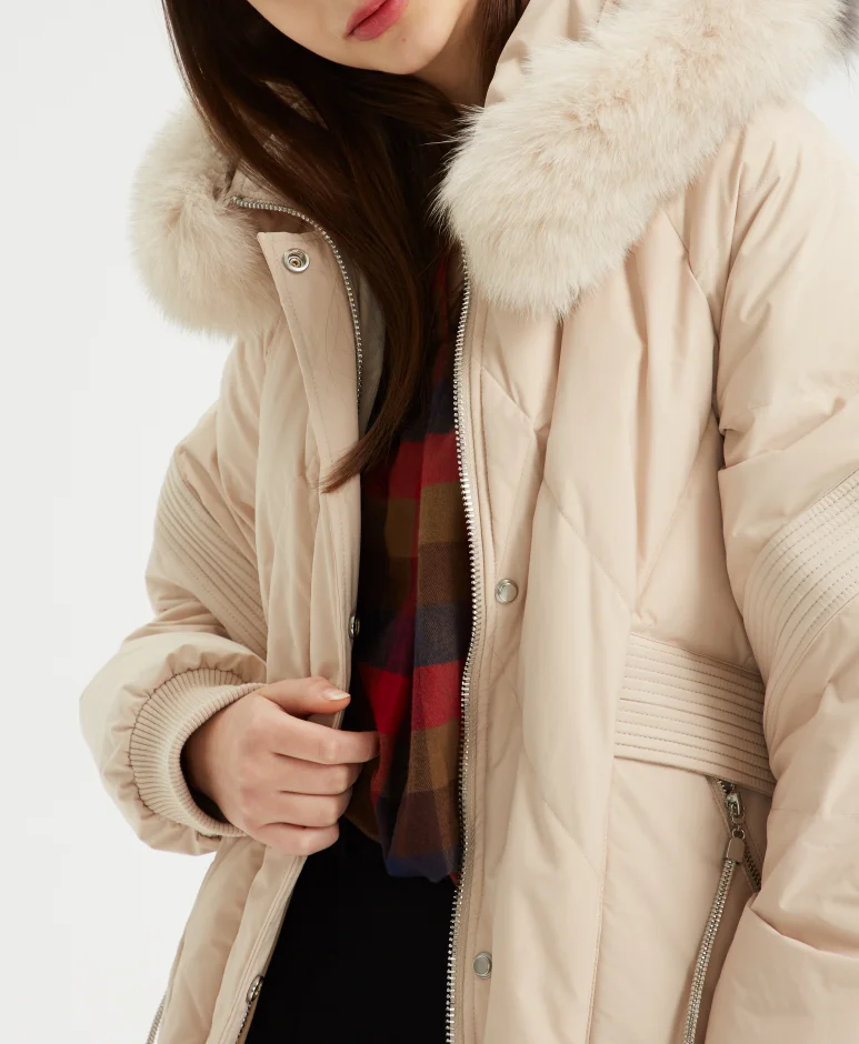 2024 OEM ODM Custom color Rubber logo Nylon Women Winter Duck Down Coat fur hoodie Women Long thick down jacket for Winter