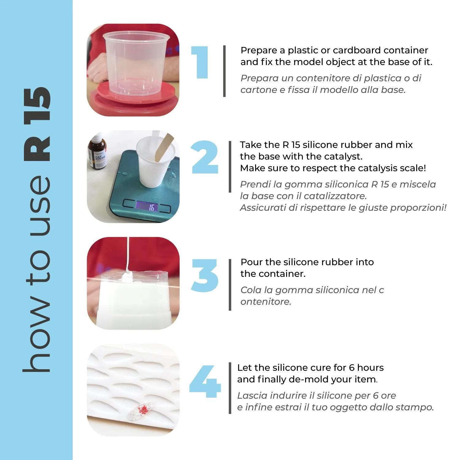 R 15 - Silicone for condensation with base and catalyst compatible with Epoxy resins, Polyurethanes, Wax, Soap, Gypsum, Cement