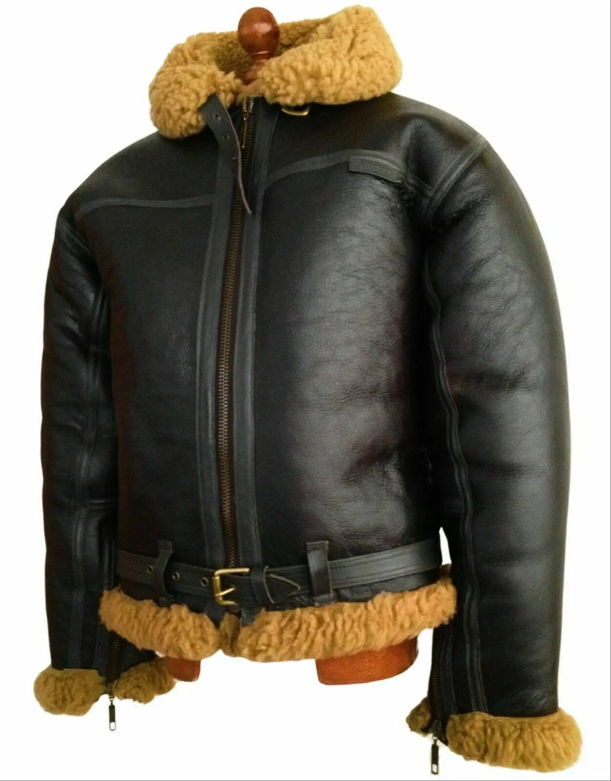 B3 Bomber Mens RAF Aviator black Vintage Fur Shearling Leather Jacket