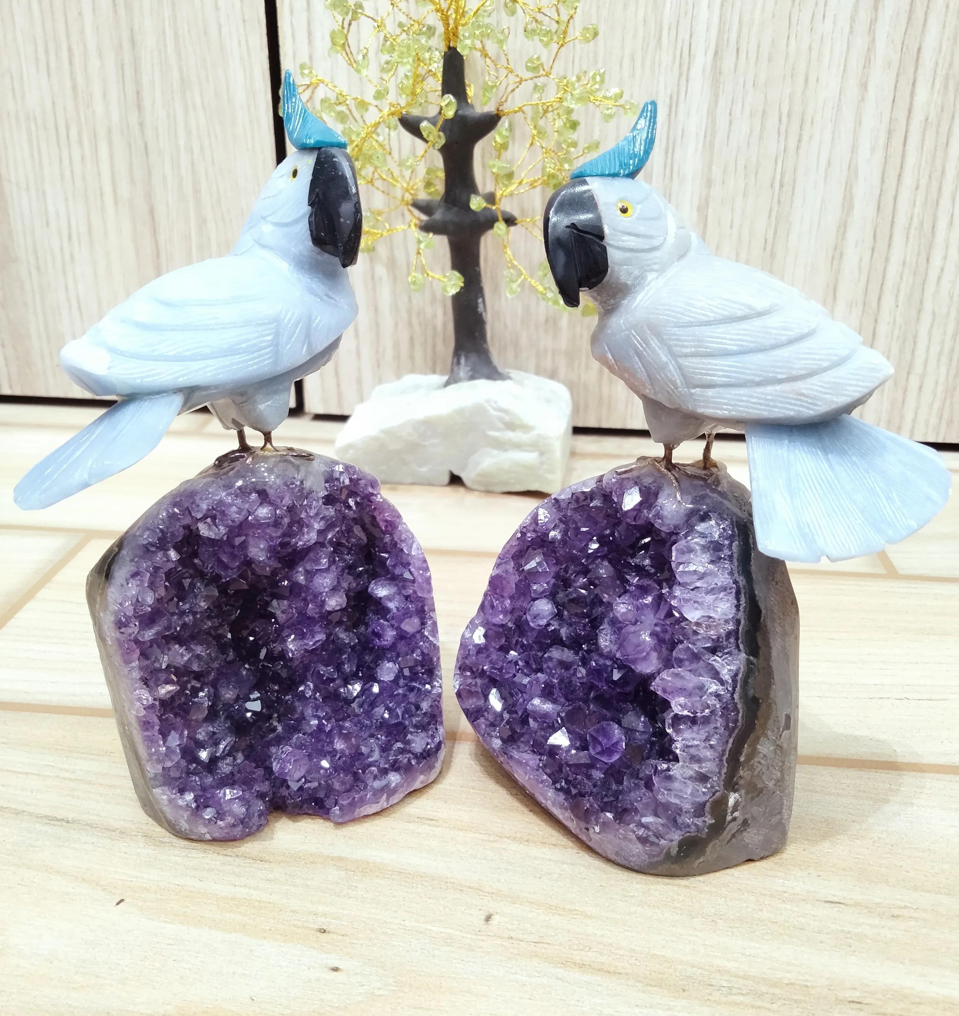 Wholesale Natural Angelite Carved Cockatiel Bird Masterpiece Beautiful Crystal Mascot on Small Amethyst Geode for Decoration