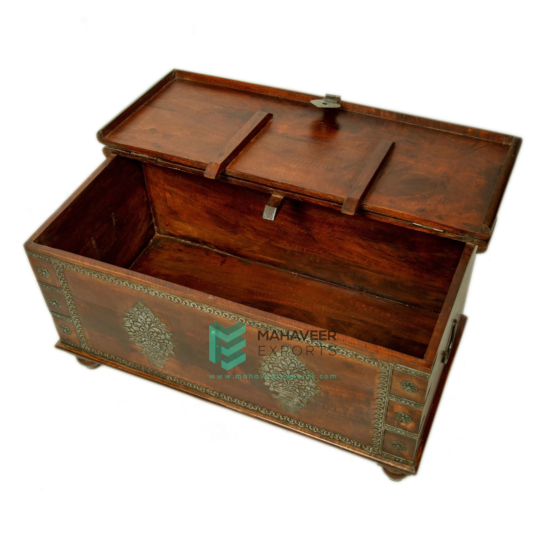 Wooden Iron Fitted Storage Chest Box Cum Coffee Table Box In Dark Brown Finish For Living Room / Bedroom Multi-Utility Furniture