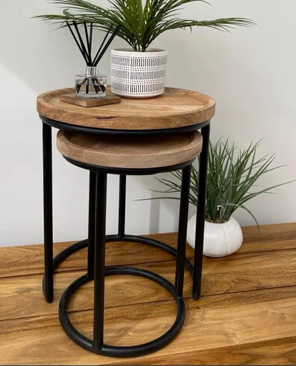 Wooden Top Metal Side Table Set Of Two Creative Stylish Fancy Table Customized Shape And Size Decorative Metal Side Table