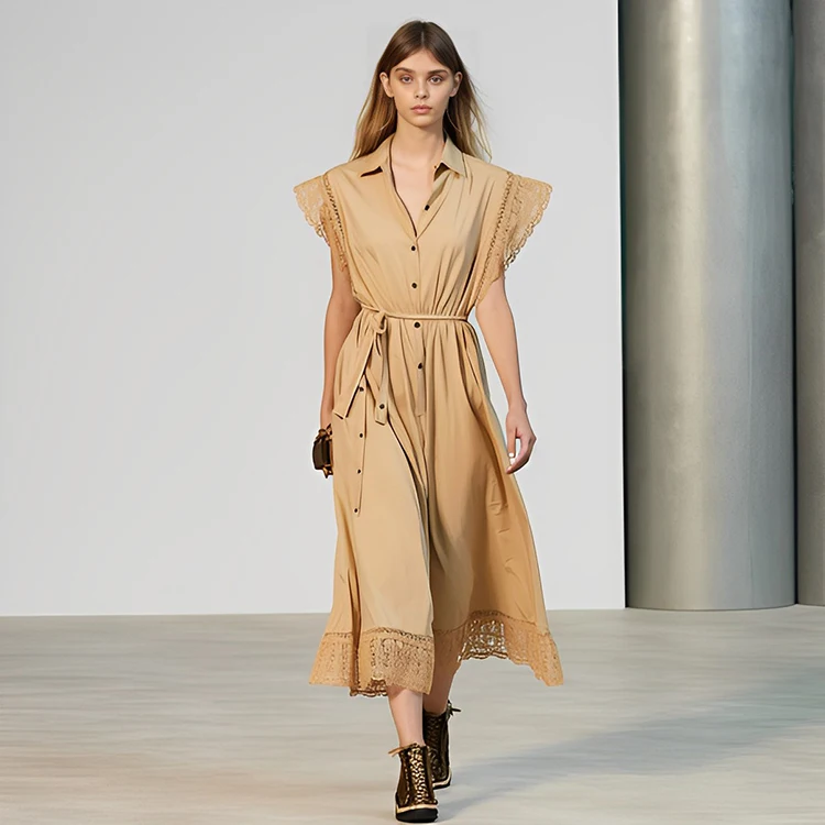 Dropshipping Pre-Sale Low MOQ Khaki Flying Sleeve V Neck Long Cotton Poplin Dress Women Cotton Shirt Dress With Two-Tone Lace