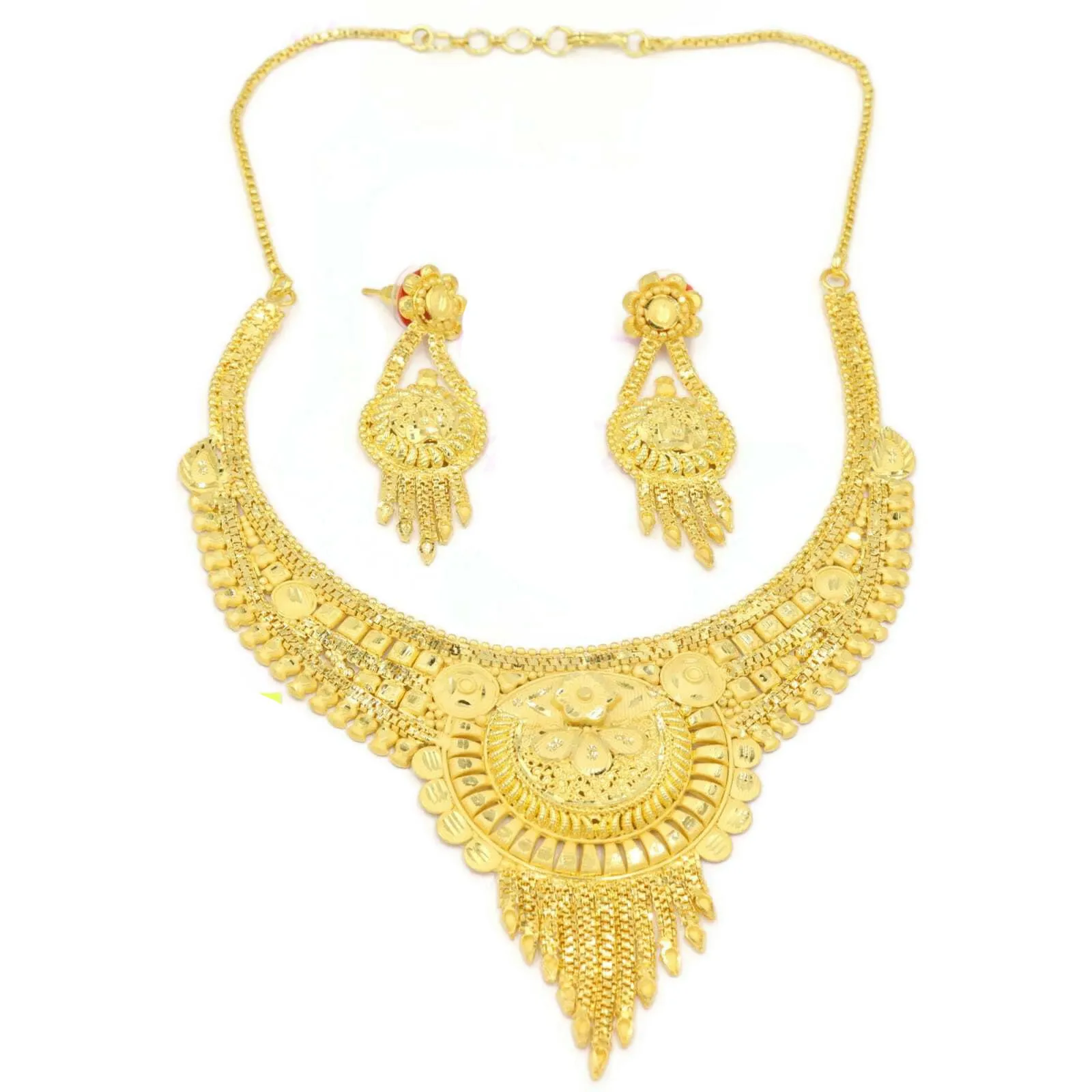 1 Grams Gold Plated Forming Traditional Classic Flower Design Imitation Fashion Party Wear Bridal Necklace Jewelry Set
