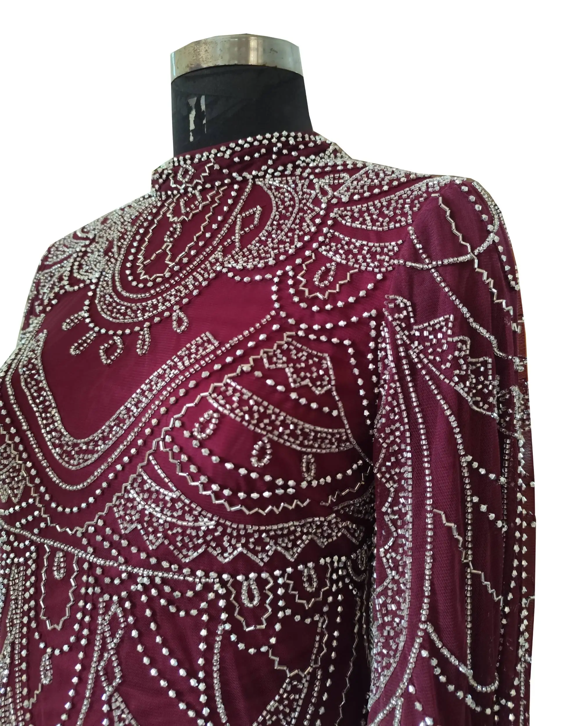 Designer Classy Beaded Evening Dress for Women Handmade Long Exclusive Double Sleeves Ball Party Collar Neck Anti-Static Feature