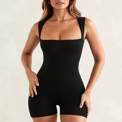 Short Sleeve Square Neck Summer Off Shoulder Fashion Unitard Black Catsuit Workout Seamless Sexy For Women Jumpsuits Playsuits