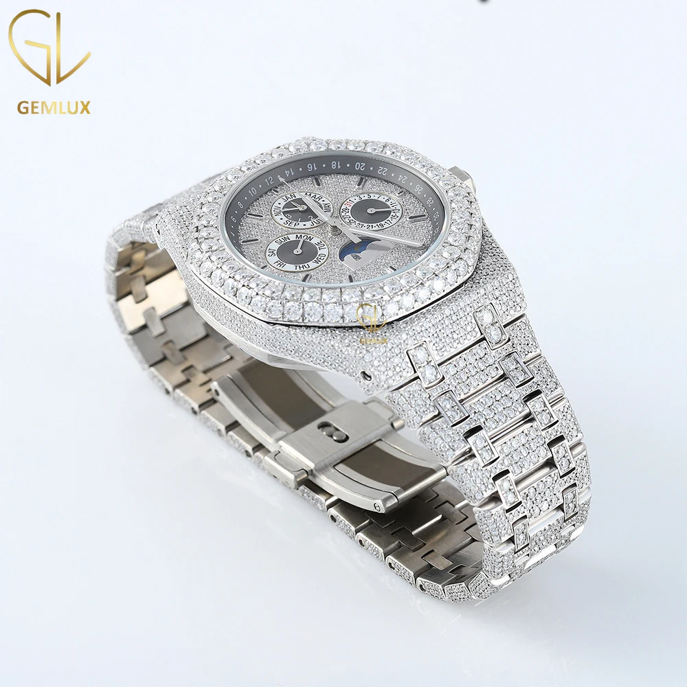D vvs round brilliant cut crystal charm fully iced out chronograf  New Trendy romal dial real Moissanite diamond jewelry watch