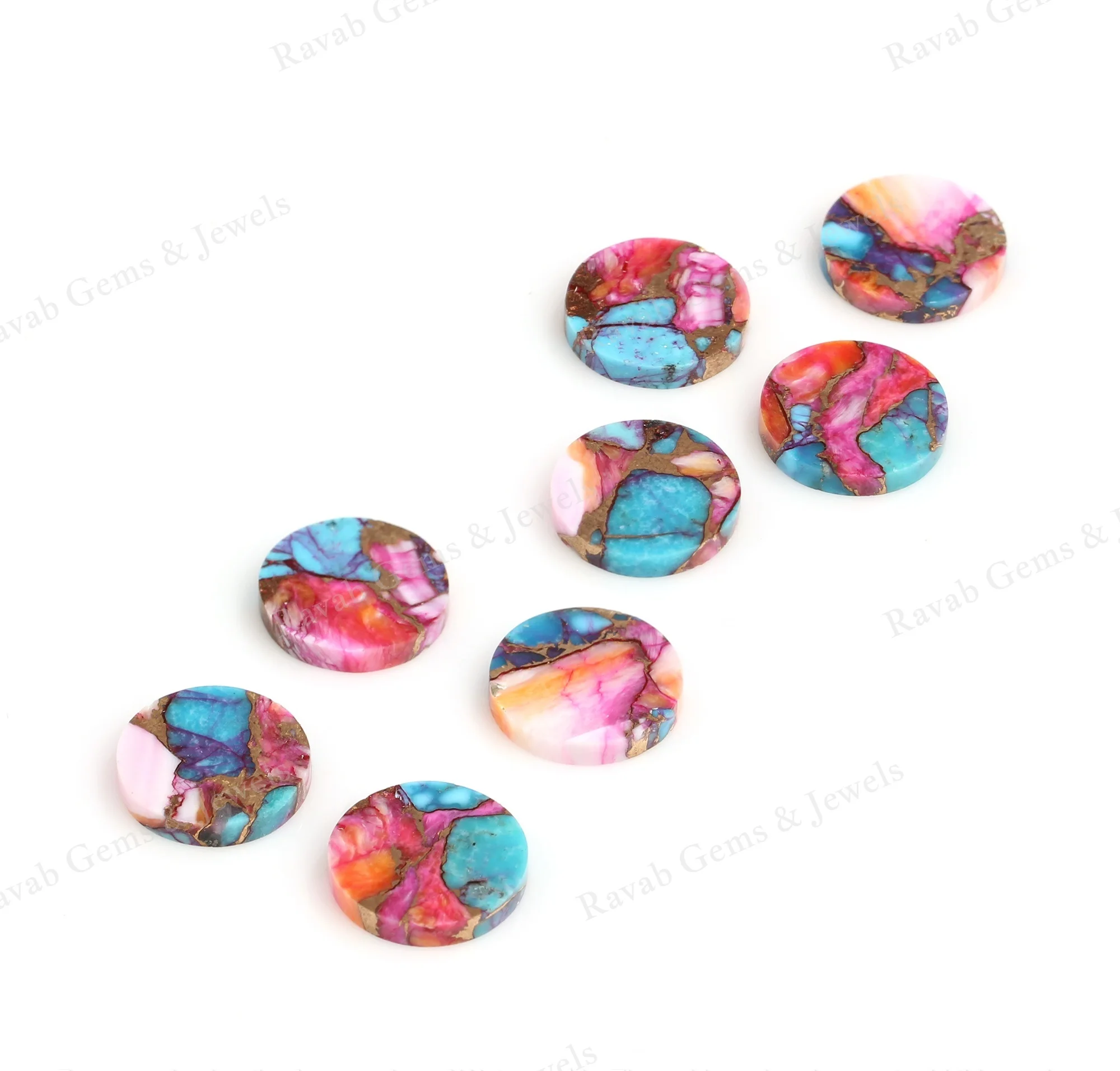 Top Quality 12mm Round Flat Coin Natural Mix Oyster Copper Turquoise Gemstone Jewelry Making Wholesale Bulk Loose Stone Supplier