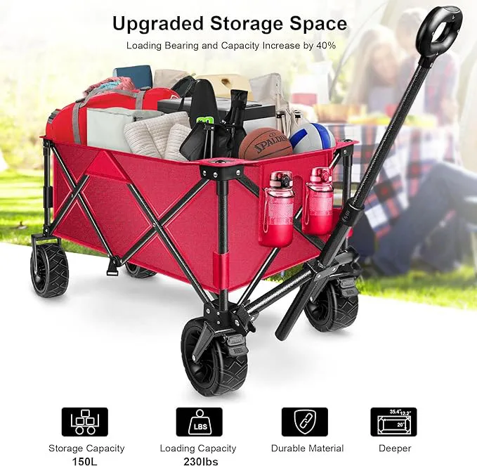 THCW10261 - Collapsible Folding Wagon, Heavy Duty Utility Beach Wagon Cart, Shopping Wagon Cart and Camping, Garden, Red