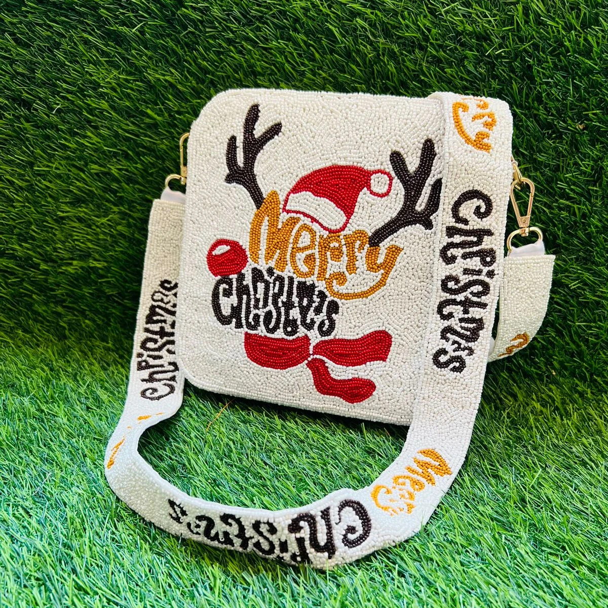 NEW Multi Christmas Seed Bead Box Bag, Seed Bead Handbag, Handmade Handbag