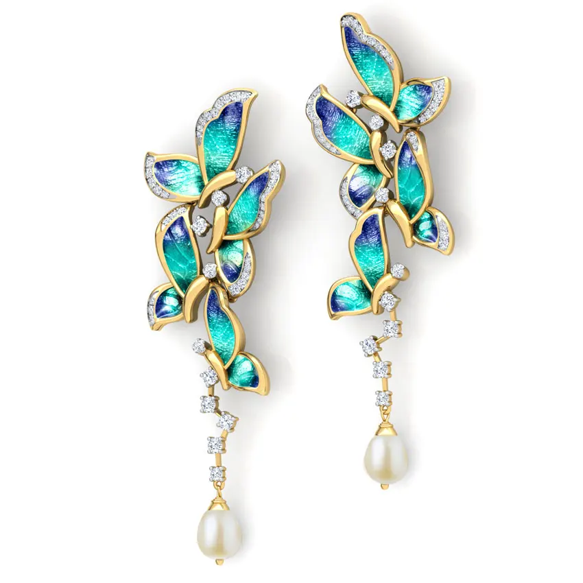 Luxury Flash Rhinestone Blue Butterfly Pearl Drop  18 KT Yellow Gold With Diamond Fitted Price Drop Earrings For Women