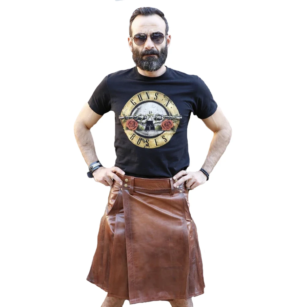 Wholesale Custom Design Men Brown Leather Kilt Customized Scottish Black Kilts Leather Strap Kilt 100% Leather
