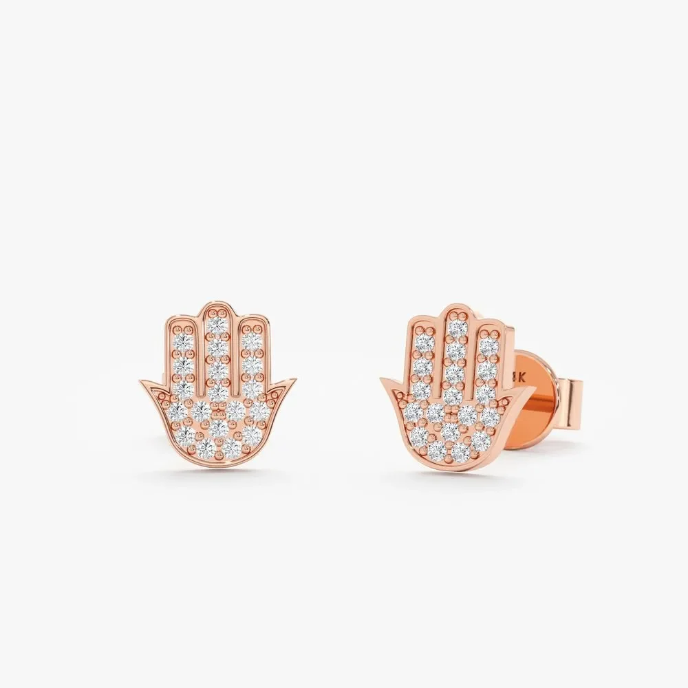 14k Solid Gold Natural Diamond Hamsa Earrings Solid Gold Stud Earrings Small Diamond Studs Stacking Earrings Jewish Earrings