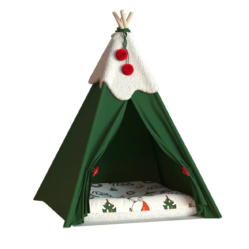 Wholesale  New Design Christmas Foldable Cotton Fabric Pet Teepee Bed Indoor Pet Tipi Tent  winter warm semi-enclosed house