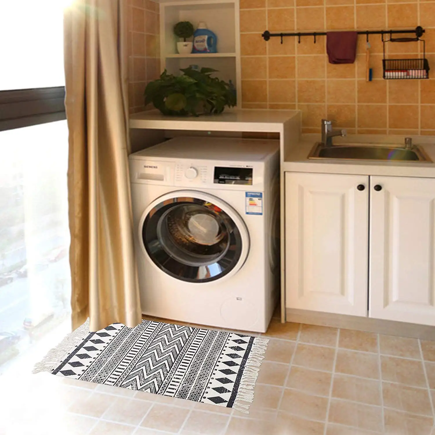 Nature4u Handmade Boho Farmhouse Printed Cotton Tassel Fringe Entryway Foyer Living Room Kitchen Handmade  Rag rug