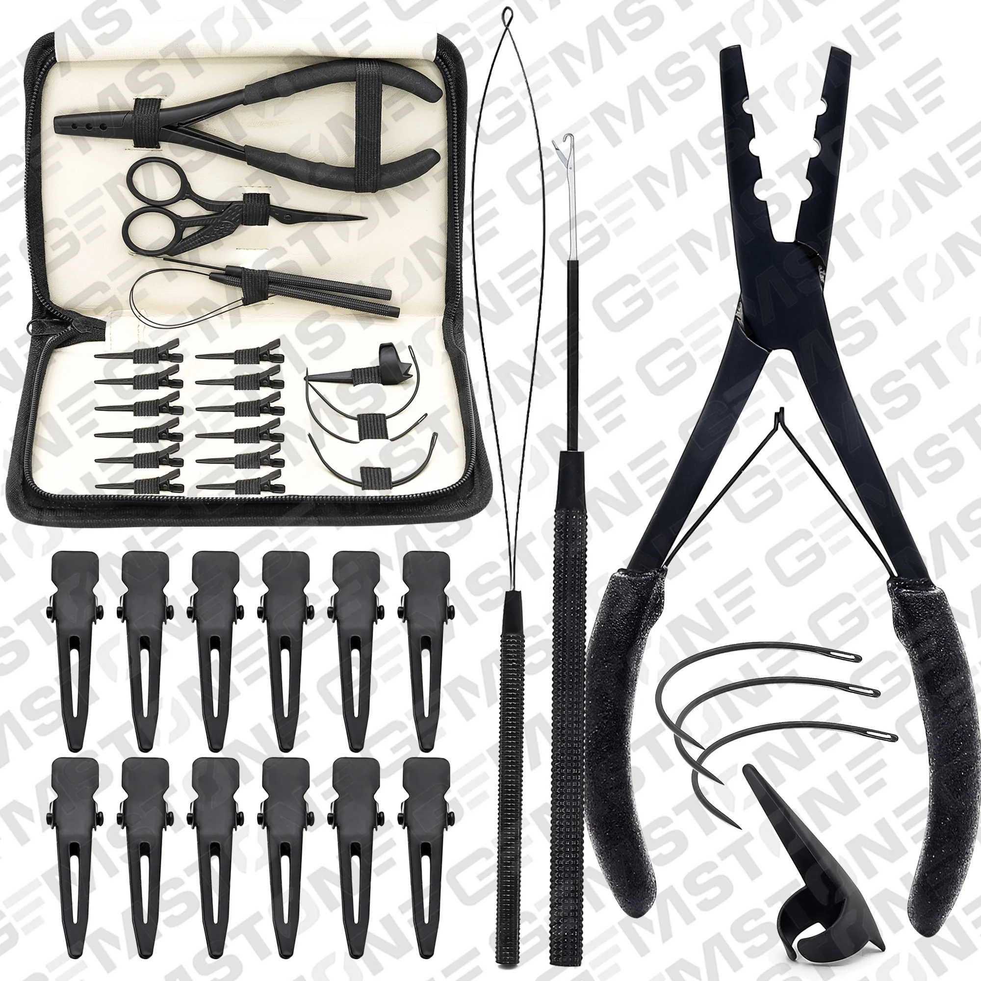 BLACK HAIR EXTENSIONS PLIERS TOOL KIT WITH HAIR SECTION CLIPS PULLING LOOP HOOK RING SCISSOR AND NEEDLES HAIR PARTING TOOLS KIT