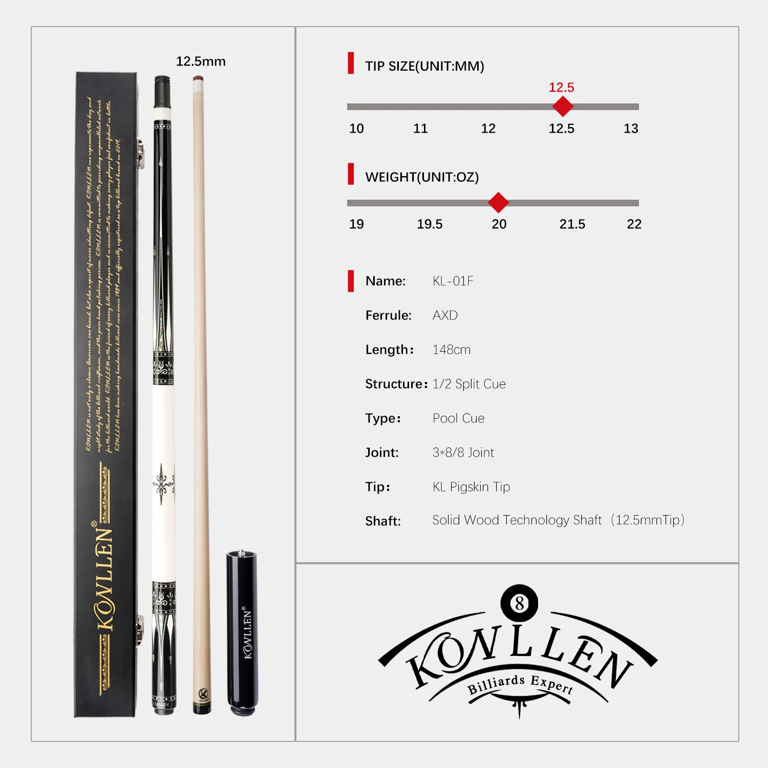KONLLEN KL-01F White Billiards Solid Wood Technology Shaft Pool Stick 3/8*8 Radial Pin Joint with Extension Billiard Cue