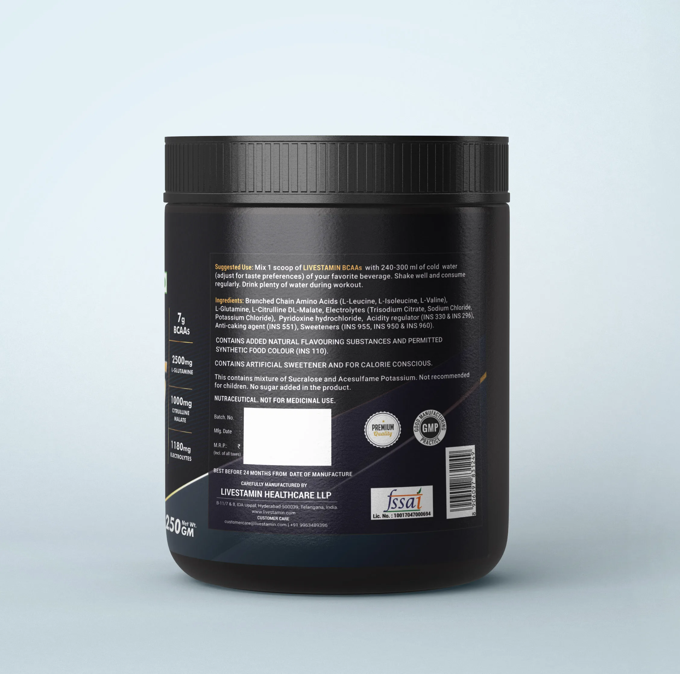 BCAA 250gms Orange Flavour l-isoleucine Citrulline Malate l-leucine l-glutamine powder l-valine Private Label GMP ISO