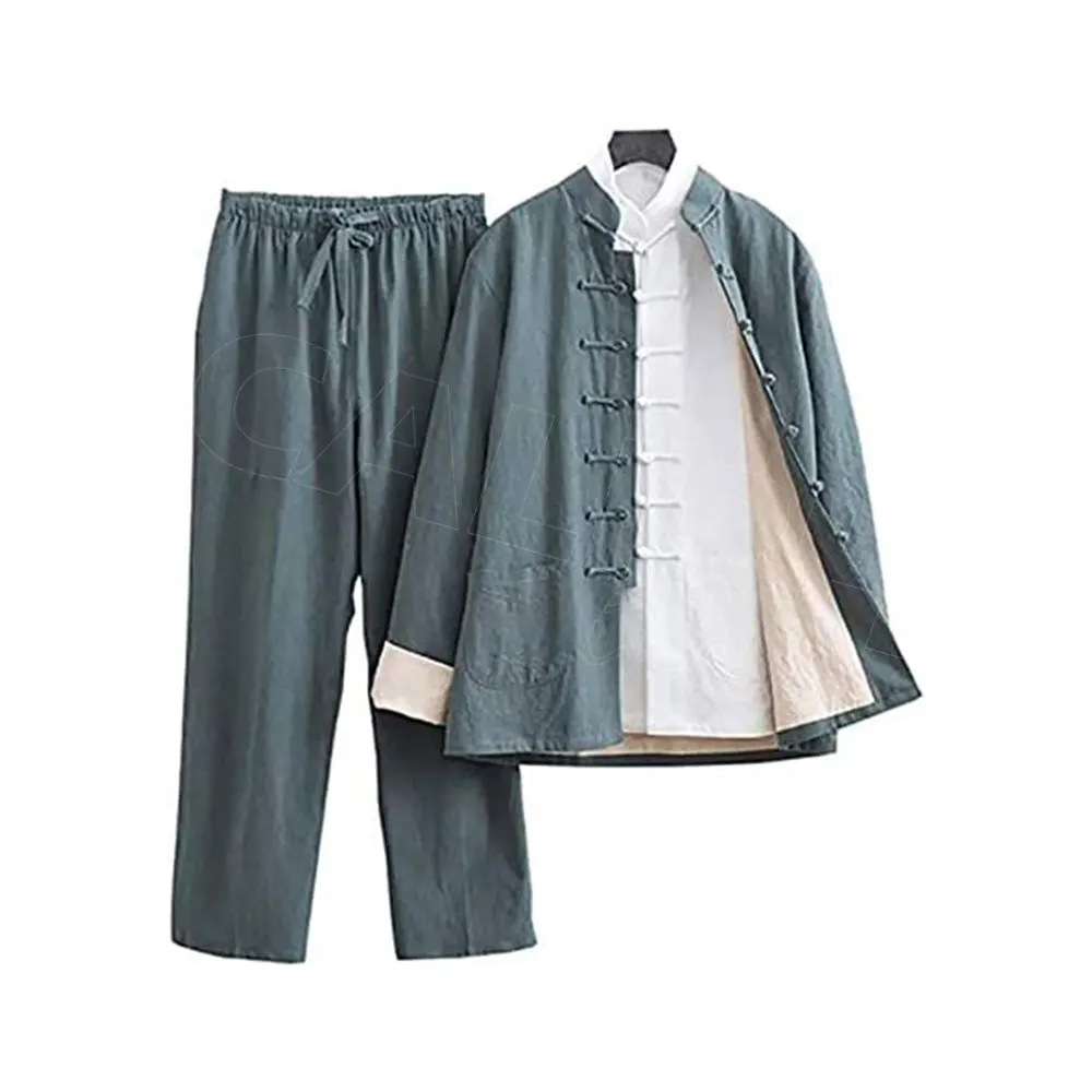 New Pure Cotton Traditional Chinese Tang Suit Long Sleeve Set Kung Fu Clothes Uniform Shirt Coat Pants for Men
