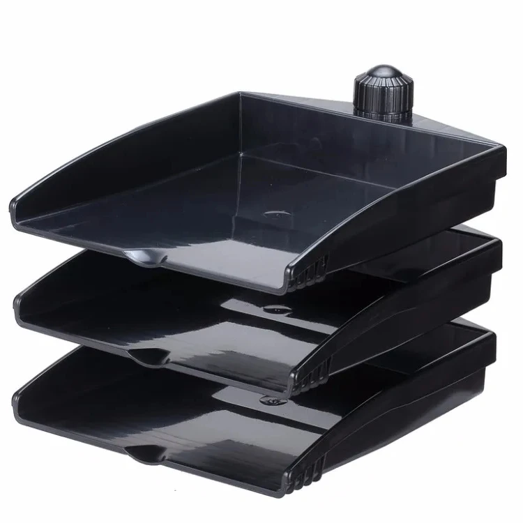 3 Tier Black Desktop Paper Document Tray Organizer Plastic Book Magazine Holder Rack With Dividers