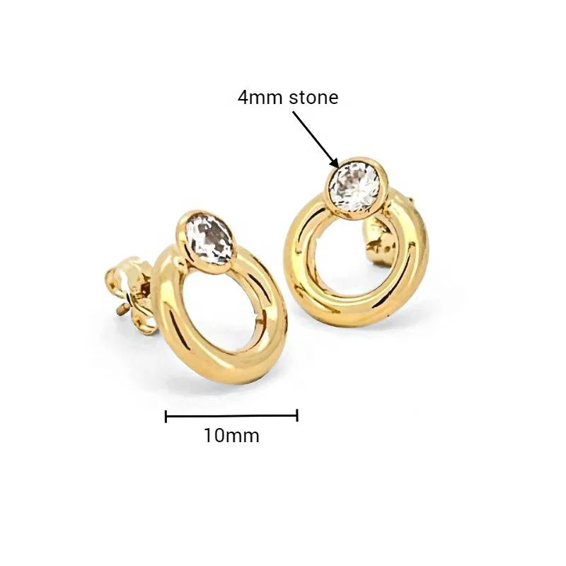 Trendy Spanish Design Stud Earrings Stamped with Zircon 14k Yellow Gold Fine Jewelry for Women Bezel Setting Technique