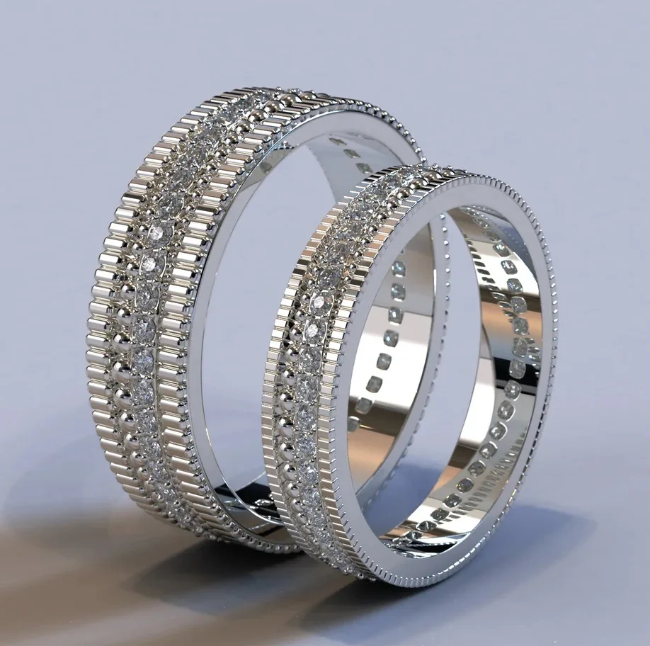 925 Sterling Silver Textured White Gold Diamond Studded Matching Wedding Bands for His and Hers at Best Prices