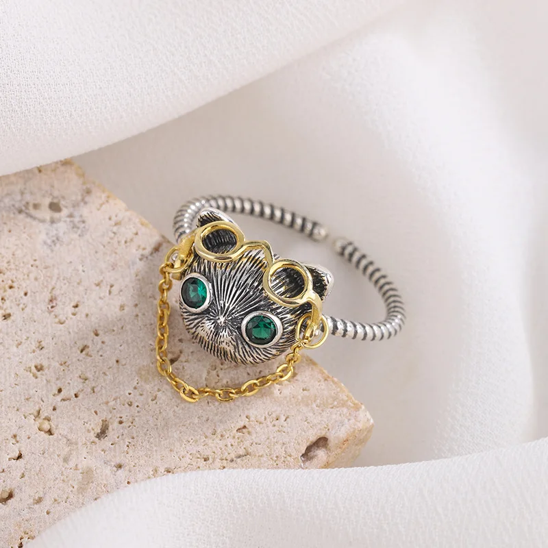 S925 sterling silver Dr. Cat glasses movable chain open ring for women retro green-eyed cat finger