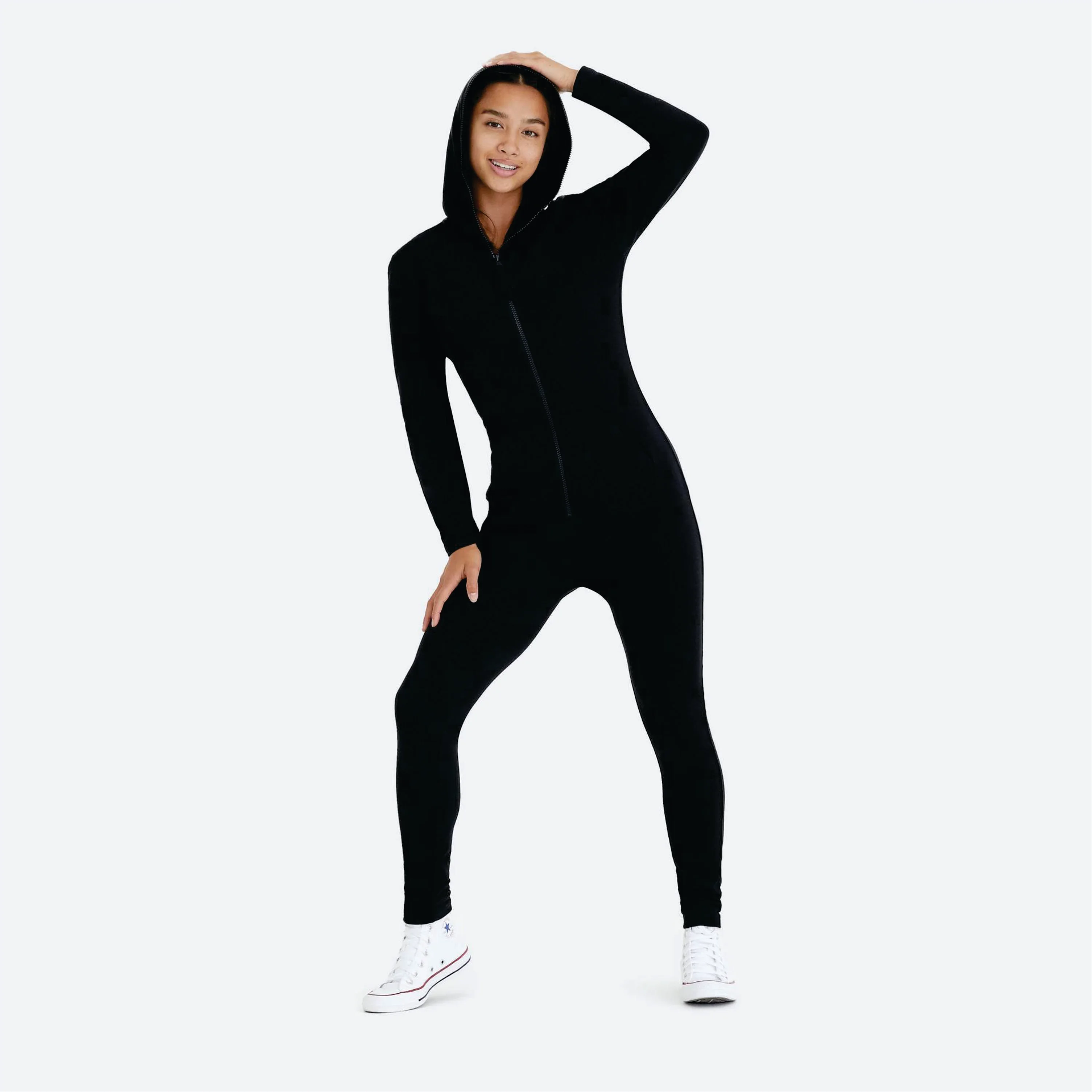 93% Cotton 7% Elastane One Way Zipper Opening Front Kangaroo Pocket Black Women Original Fitted Onesie Slim Jumpsuit