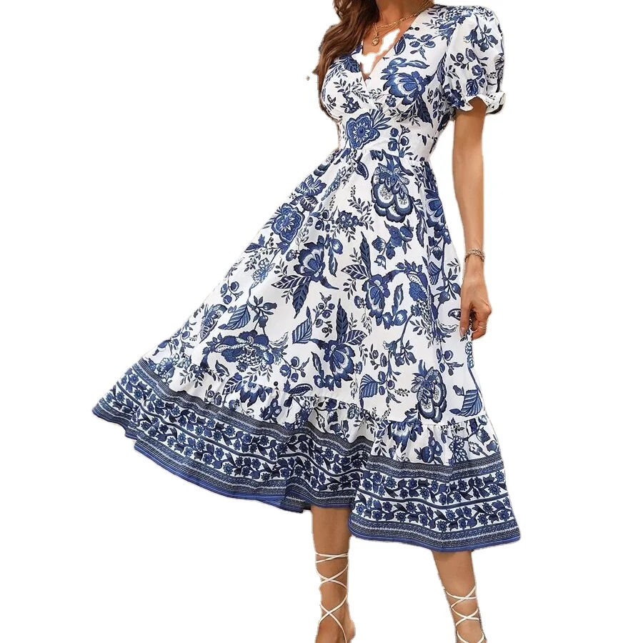 ODM OEM custom-made allover floral print puff sleeve surplice neck boho dress womens floral dress print maxi dress