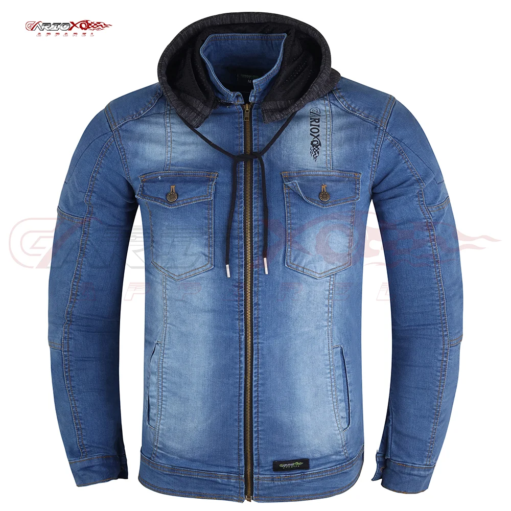 High Quality Denim Motorcycle Hooded Jacket Men Moto Jeans Protective Gear Riding Touring Motorbike Aramid Jacket