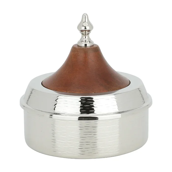 Trending Arabic Calligraphy Style Hammered Canister In Metal With Wooden Stand For Wedding Hotel Table Top Serving Use Canister