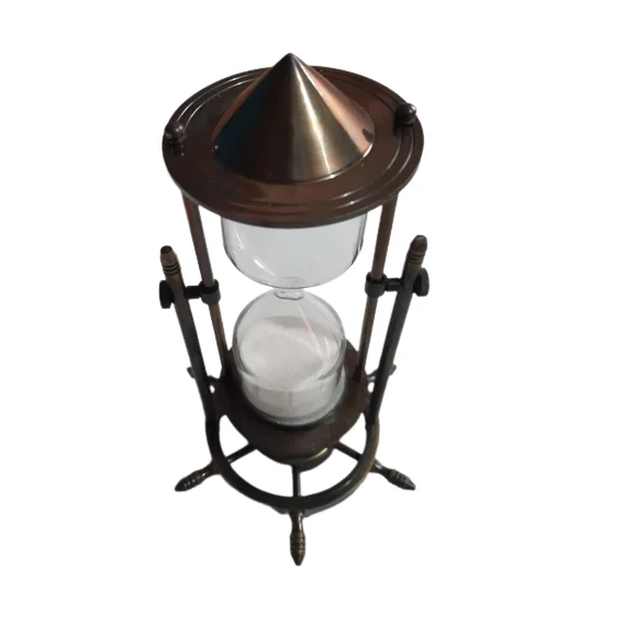 Metal & Glass Sand Timer With Antique Gold Plating Finishing Round Shape With Wheel Design Base For Measuring The Time